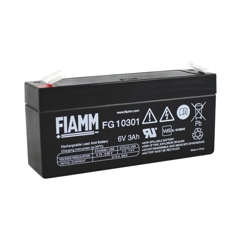 Fiamm Sealed Lead Acid Battery 6 V, 3 Ah, AGM Construction, Faston F1 Terminal FG10301