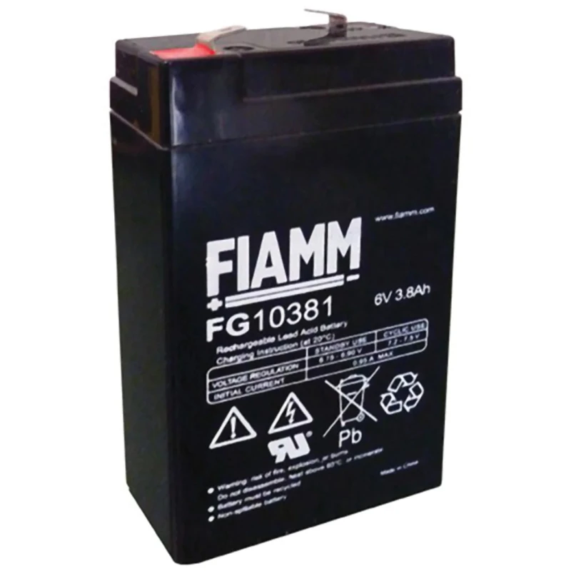 Fiamm Sealed Lead Acid Battery, 6 V, 3.8 Ah, Faston F1 Terminal, AGM Construction FG10381
