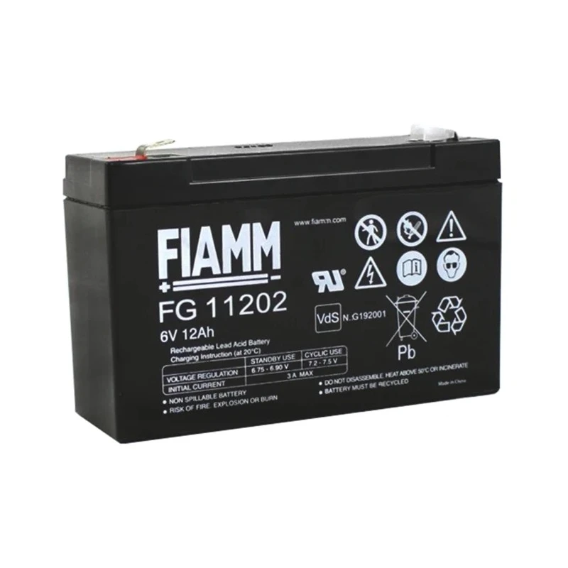 Fiamm Sealed Lead Acid Battery 6 V 12 Ah AGM Faston F2 Termination FG11202