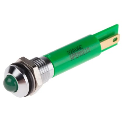 RS PRO Green Panel Mount Indicator Prominent Bezel Silver, 220V AC, 3mA, IP67 846-2825