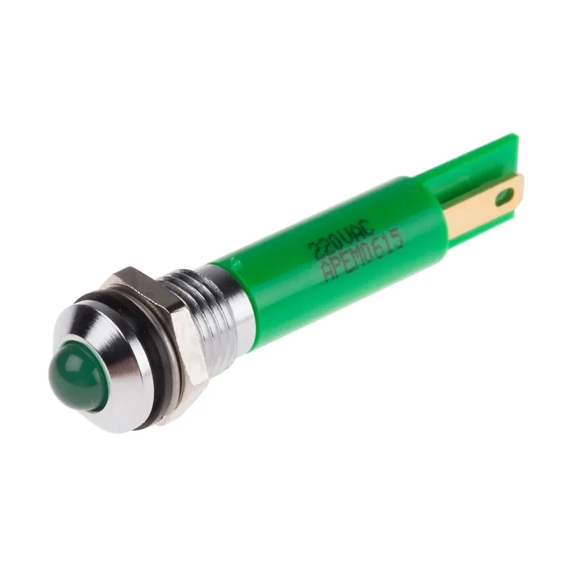 RS PRO Green Panel Mount Indicator Prominent Bezel Silver, 220V AC, 3mA, IP67 846-2825