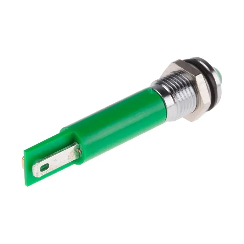 RS PRO Green Panel Mount Indicator Prominent Bezel Silver, 220V AC, 3mA, IP67 846-2825