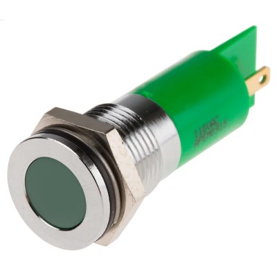 RS PRO Green Panel Mount Indicator 110V AC 6mA Solder Lug Termination IP67 Flush Bezel 848-4554