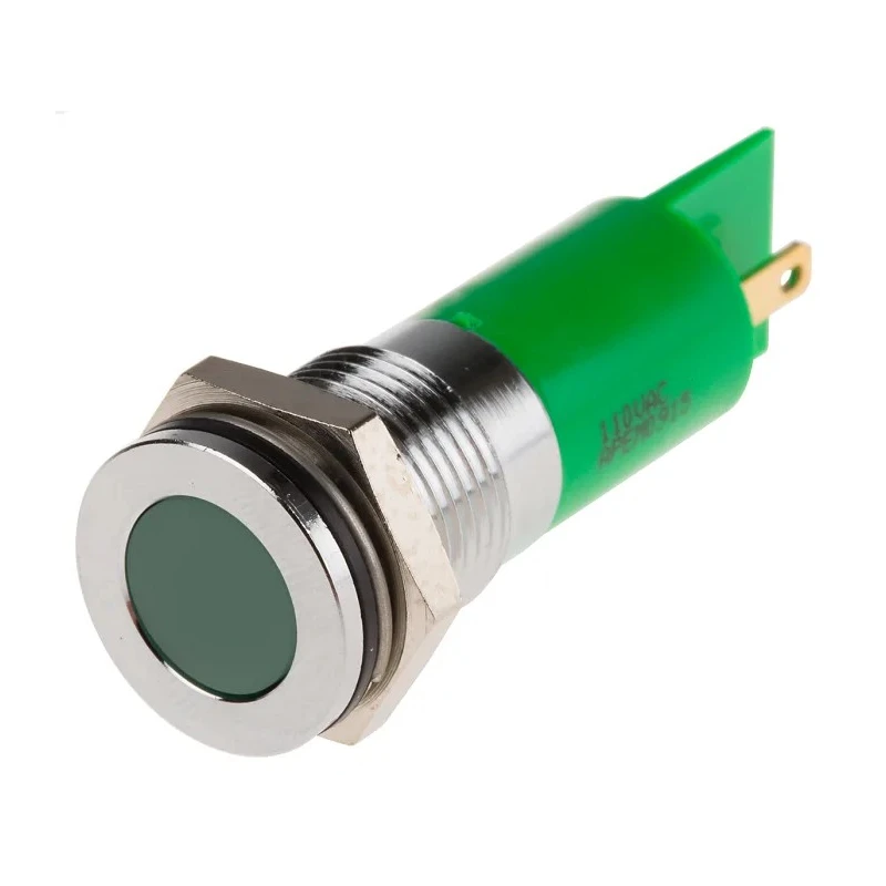RS PRO Green Panel Mount Indicator 110V AC 6mA Solder Lug Termination IP67 Flush Bezel 848-4554