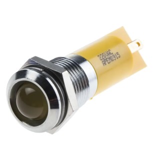 RS PRO Yellow Panel Mount Indicator 220V AC 3mA Solder Lug Termination IP67 Silver Bezel 14mm Mount Hole 38.5mm 848-4608