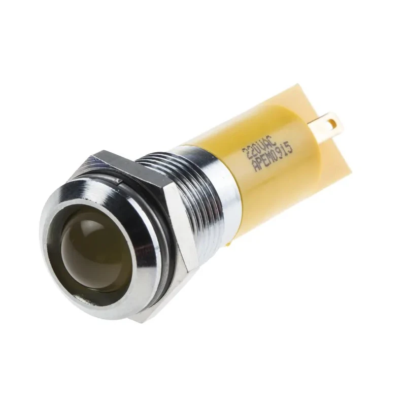 RS PRO Yellow Panel Mount Indicator 220V AC 3mA Solder Lug Termination IP67 Silver Bezel 14mm Mount Hole 38.5mm 848-4608