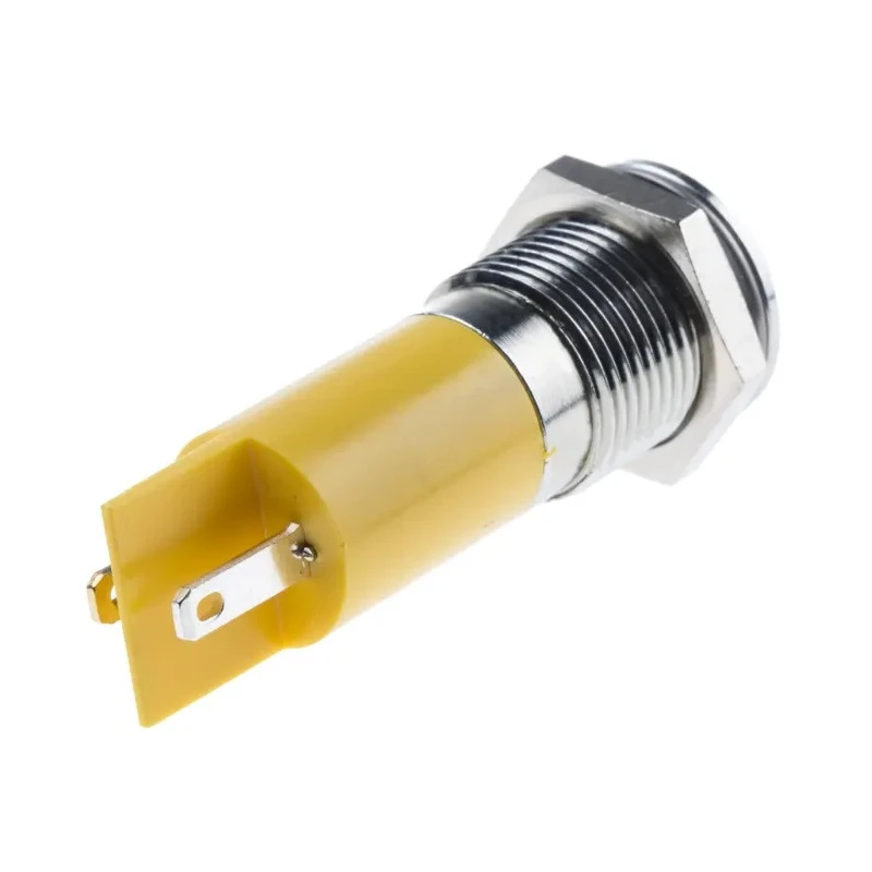 RS PRO Yellow Panel Mount Indicator 220V AC 3mA Solder Lug Termination IP67 Silver Bezel 14mm Mount Hole 38.5mm 848-4608