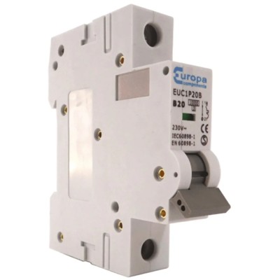 Europa Miniature Circuit Breaker 1-Pole 16A Type B 400V AC 10 kA Breaking Capacity EUC1P