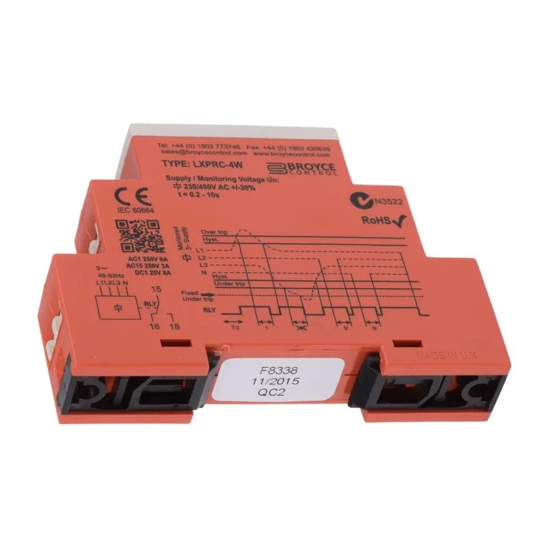 Broyce Control Monitoring Relay, 3 Phase, 120/240 V AC Monitor Range, SPDT Contact, DIN Rail Mount LXPRC-4W 230V (400V)