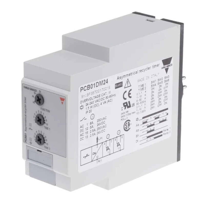 Carlo Gavazzi Series Multifunction Timer Relay, 2-Contact, 12 to 240 V DC and AC, 0.1s to 100h, SPDT, Plug-In Terminal PCB01