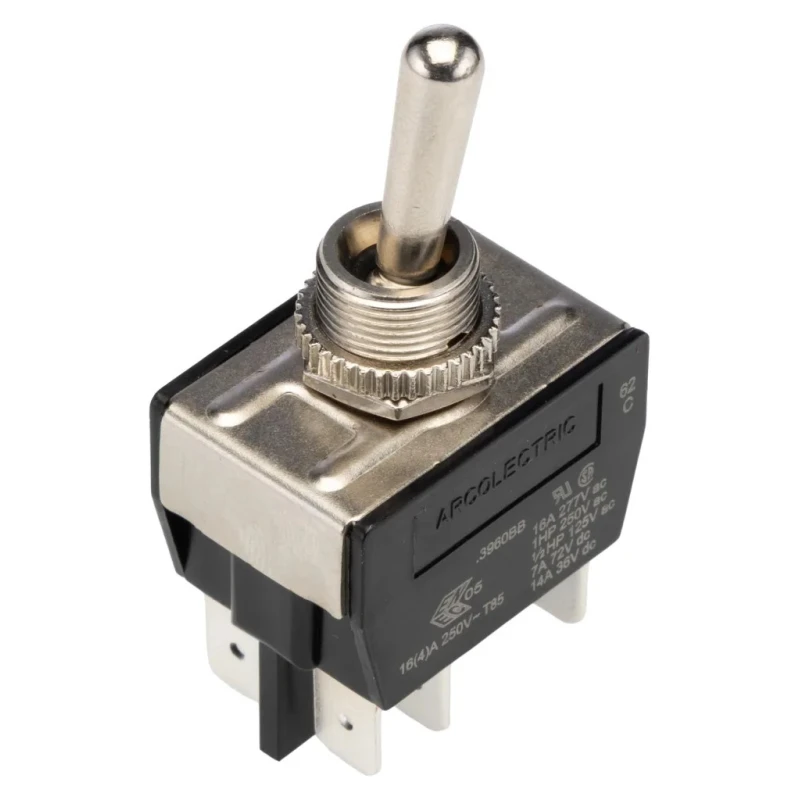Arcolectric (Bulgin) Ltd Toggle Switch, Panel Mount, On-On, DPDT, Tab Terminal, 20A Contact Current, 250V AC C3960BBAAA