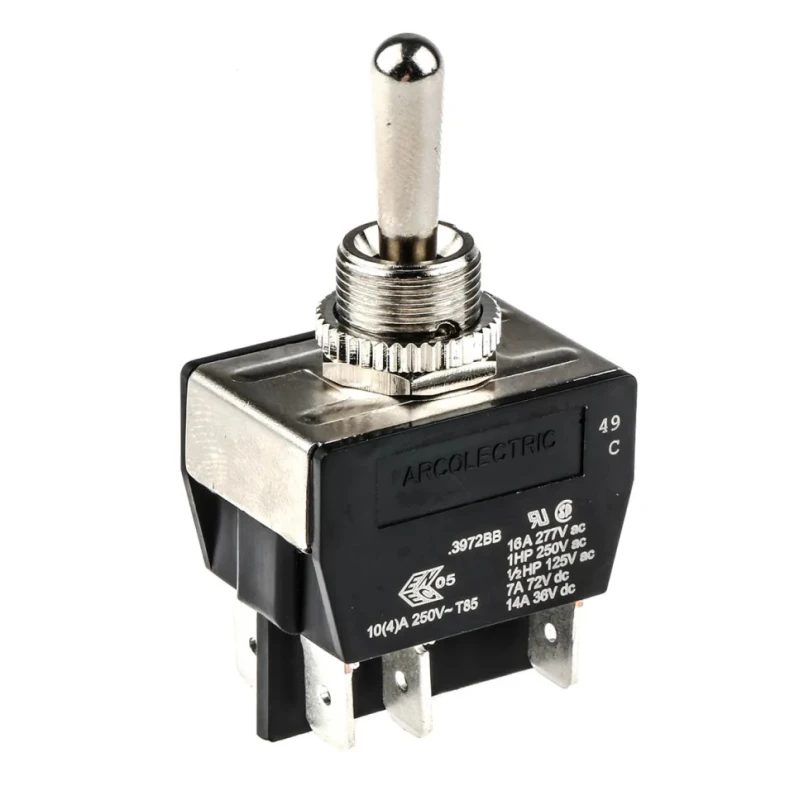 Arcolectric (Bulgin) Ltd Toggle Switch Panel Mount Momentary-Off-Momentary DPDT Tab Terminal 277 V ac C3972BBAAA
