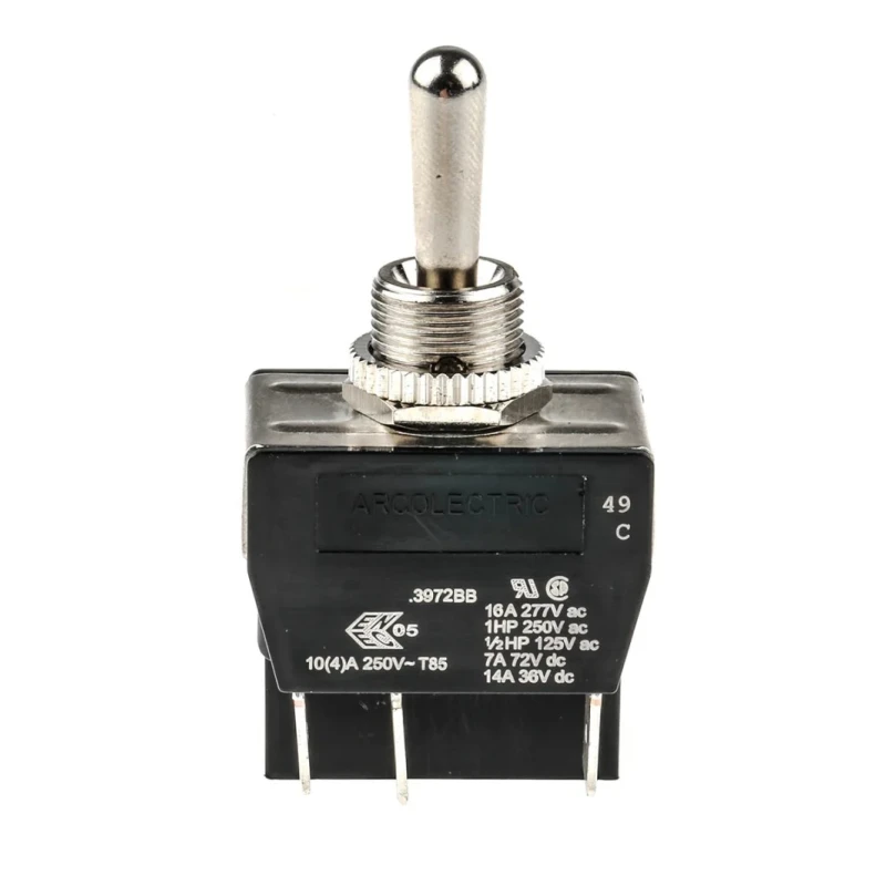Arcolectric (Bulgin) Ltd Toggle Switch Panel Mount Momentary-Off-Momentary DPDT Tab Terminal 277 V ac C3972BBAAA