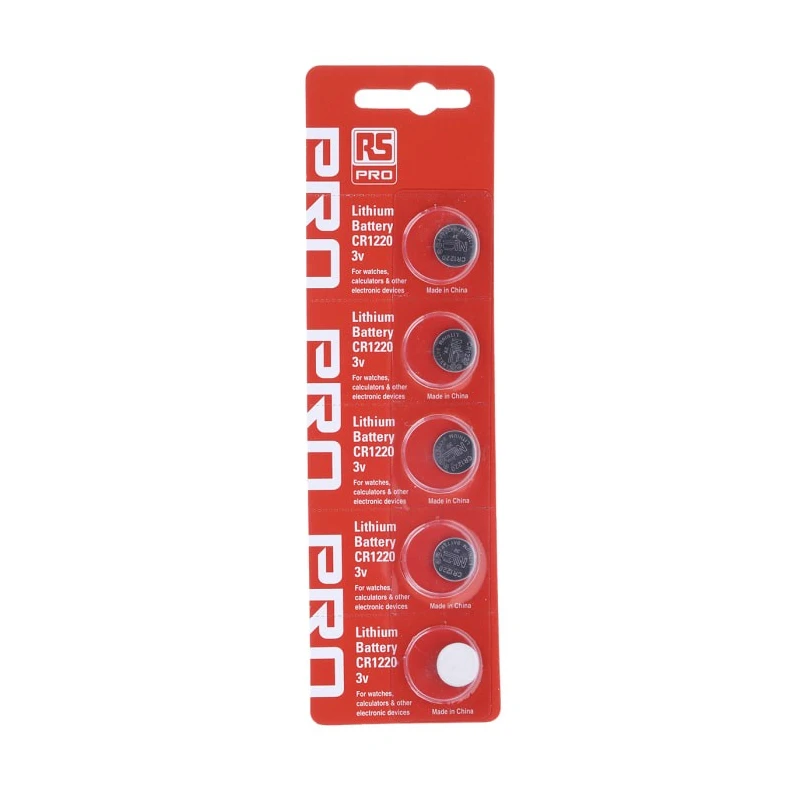 RS PRO CR1220 Lithium Manganese Dioxide Button Battery 3 V 12.5 mm Diameter 5 Pack CR1220