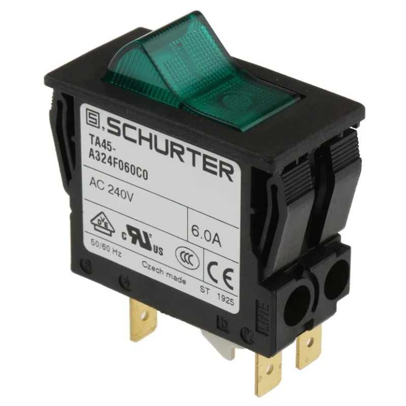 Schurter Thermal Circuit Breaker 6A 2-Pole Panel Mount Snap-In Terminal Rocker Reset TA35 TA45 Series 4430.0990
