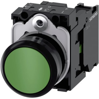 Siemens SIRIUS ACT 3SU11 Series Push Button Complete Unit Panel Mount 22 mm Cutout Green SPST IP66 IP67 3SU1100-0AB40-1BA0