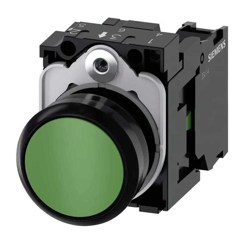 Siemens SIRIUS ACT 3SU11 Series Push Button Complete Unit Panel Mount 22 mm Cutout Green SPST IP66 IP67 3SU1100-0AB40-1BA0