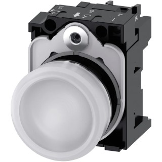 Siemens Panel Mount White LED Pilot Light, SIRIUS ACT 3SU11 Series, 22 mm Cutout, 230V AC, IP20, Round 3SU1156-6AA60-1AA0