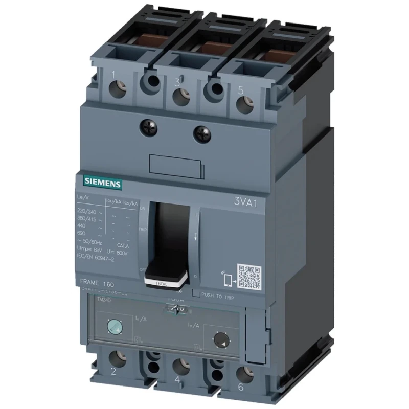 Siemens SENTRON Molded Case Circuit Breaker 3-Pole 63A Breaking Capacity 36 kA Fixed Mount 690V AC 500V DC 3VA1163-4EF36-0AA0