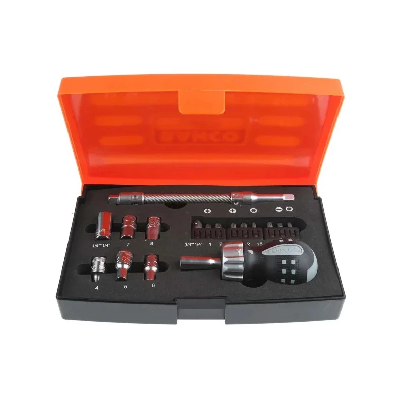 Bahco Hex Screwdriver Bit Set, Stainless Steel, 18 Pieces, with Ratcheting Handle and Multiple Bit Types 808050S-18