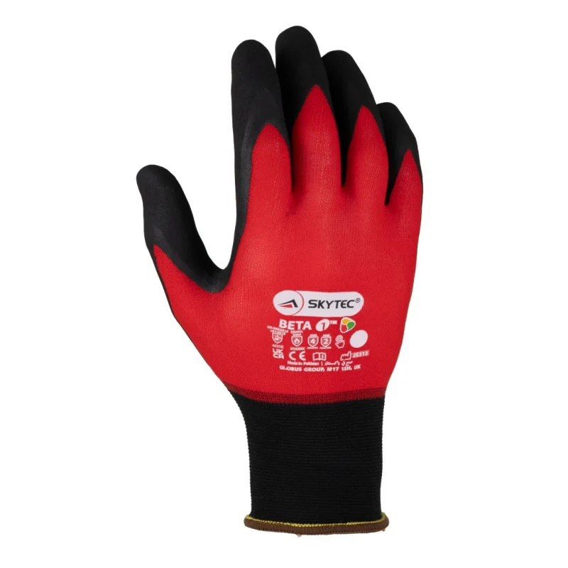 Skytec Beta 1 Black, Red Nylon, Spandex Work Gloves Size 10/XL Nitrile Foam Coating SKY50
