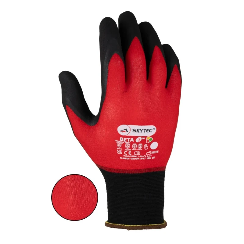 Skytec Beta 1 Black, Red Nylon, Spandex Work Gloves Size 10/XL Nitrile Foam Coating SKY50