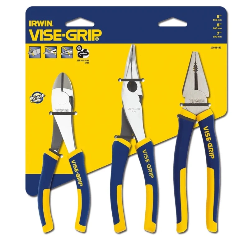 Irwin 3-Piece Plier Set Chromium-Nickel Steel ProTouch Handles Machined Jaws 10505483