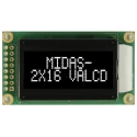 Midas MC20805A12W-VNMLW Alphanumeric LED LCD Monochrome Display, White on Black, 2 x 8 Characters