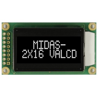 Midas MC20805A12W-VNMLW Alphanumeric LED LCD Monochrome Display, White on Black, 2 x 8 Characters