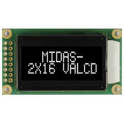 Midas MC20805A12W-VNMLW Alphanumeric LED LCD Monochrome Display, White on Black, 2 x 8 Characters