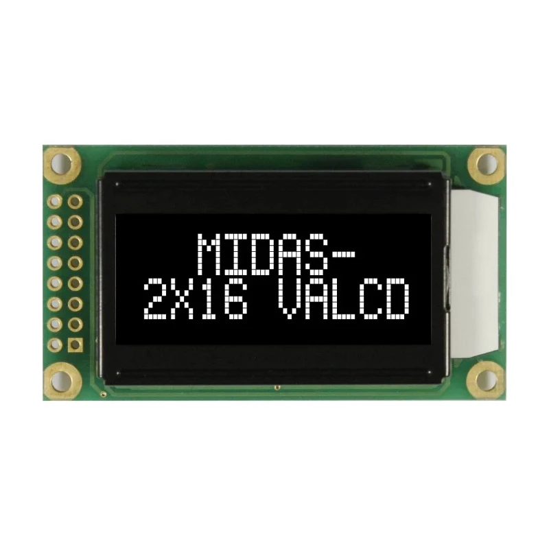 Midas MC20805A12W-VNMLW Alphanumeric LED LCD Monochrome Display, White on Black, 2 x 8 Characters