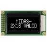 Midas MC20805A12W-VNMLW Alphanumeric LED LCD Monochrome Display, White on Black, 2 x 8 Characters
