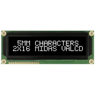 Midas MC21605G12W-VNMLW Alphanumeric LED LCD Monochrome Display White on Black 2 x 16 MC21605G12W-VNMLW