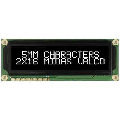 Midas MC21605G12W-VNMLW Alphanumeric LED LCD Monochrome Display White on Black 2 x 16 MC21605G12W-VNMLW