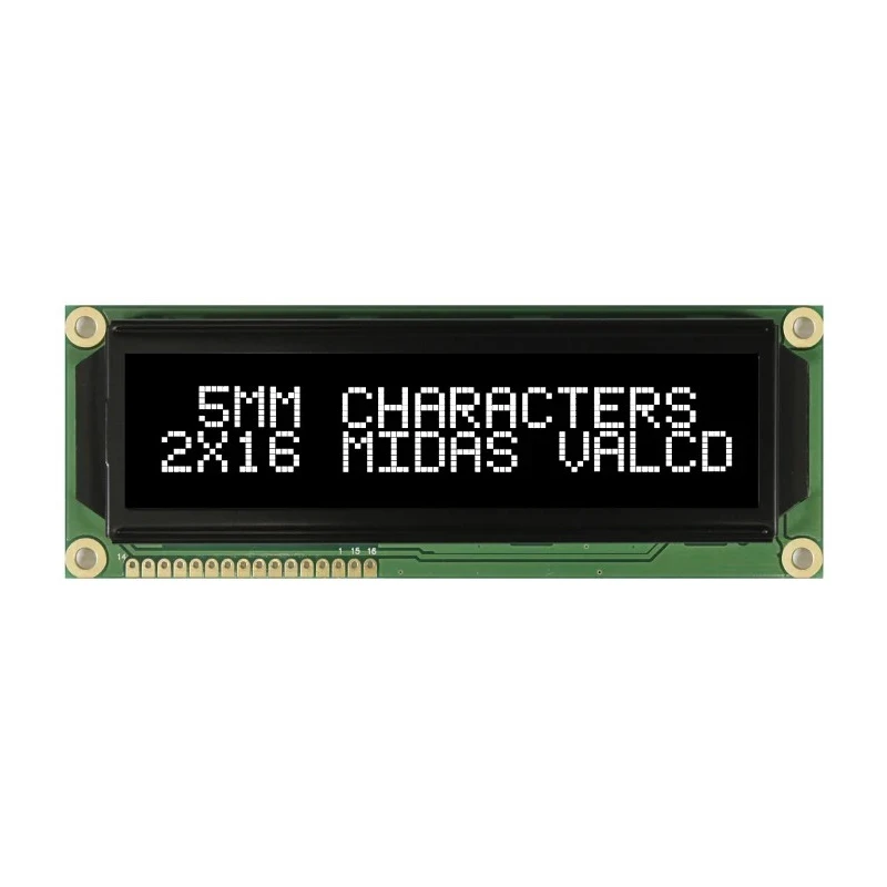 Midas MC21605G12W-VNMLW Alphanumeric LED LCD Monochrome Display White on Black 2 x 16 MC21605G12W-VNMLW