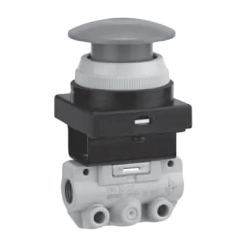 SMC Push Button (Mushroom) Mechanical Valve Series, NPT, Rc R 1/8, 3/2 Way, Green Control Button, Zinc Die Cast Alloy VM100