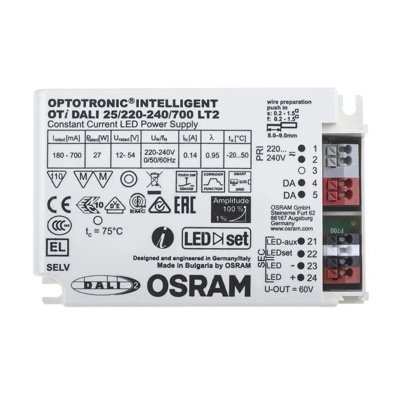 Osram LED Driver Module IP20, 1 Output, 12V/54V Output Voltage, 27W Power, 700mA DALI Dimmable 