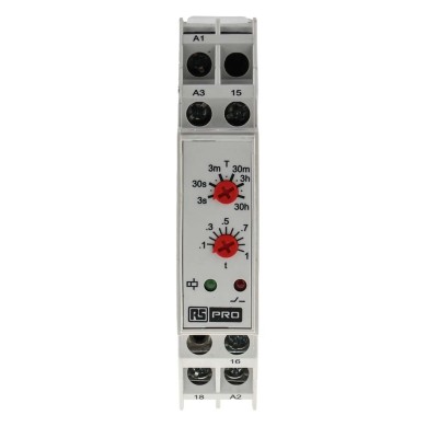 Eaton RS PRO DIN Rail Timer Relay, 1-Contact, 24 V DC 110 V AC, 24 V AC, ON Delay, 0.3 s to 30 h Timing Range, SPDT 896-6816