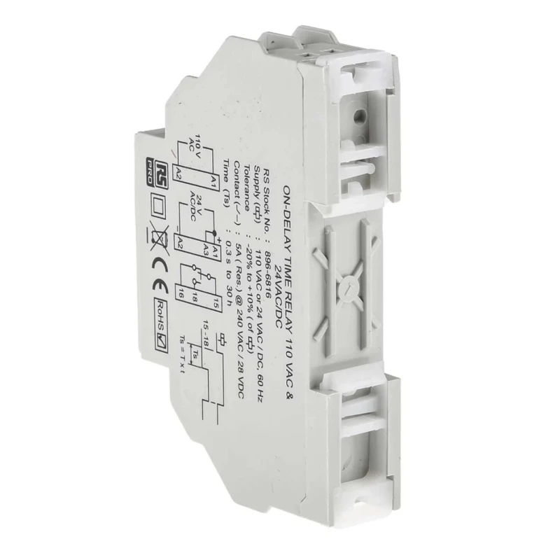 Eaton RS PRO DIN Rail Timer Relay, 1-Contact, 24 V DC 110 V AC, 24 V AC, ON Delay, 0.3 s to 30 h Timing Range, SPDT 896-6816