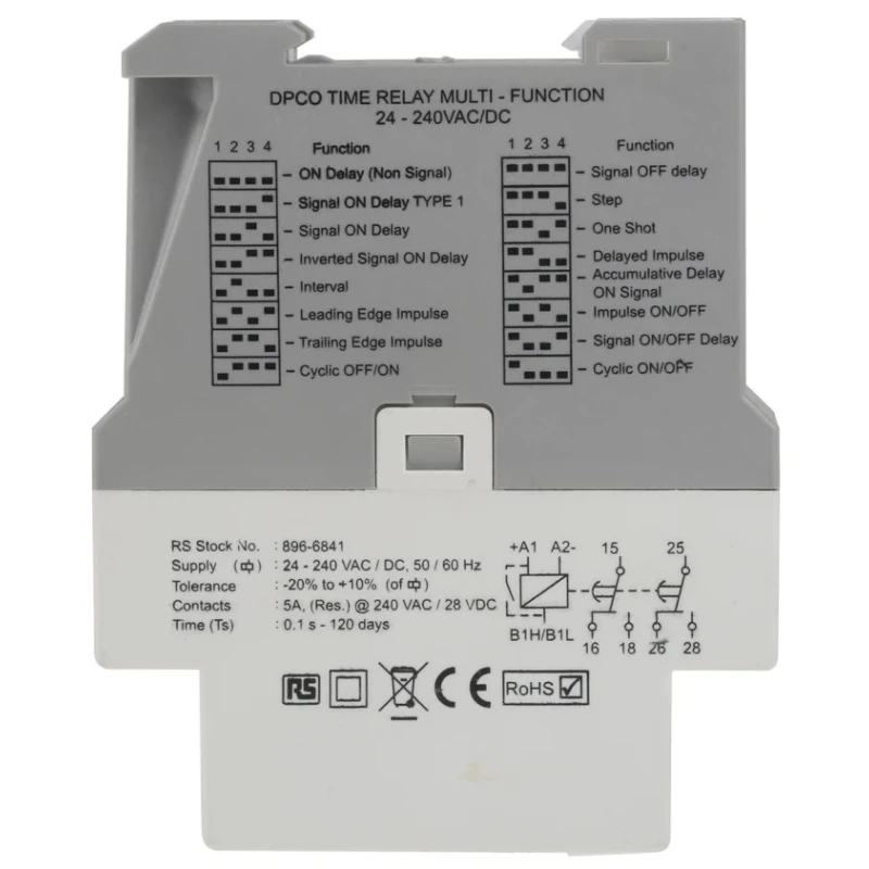 Tele DIN Rail Timer Relay Multifunction Signal Off Delay 1-Contact SPDT 240 V dc 24V ac 240 V ac 0.1 s to 120 Days 896-6841
