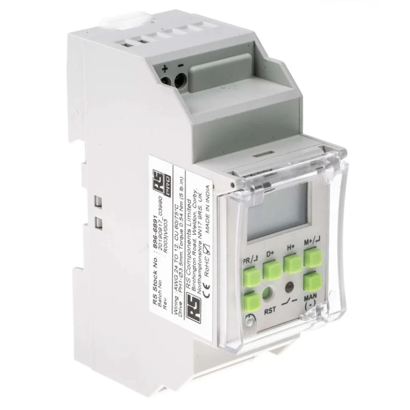 RS PRO Digital DIN Rail Time Switch 12V DC Single Channel SPDT Contact 6-Year Battery Life 896-6891