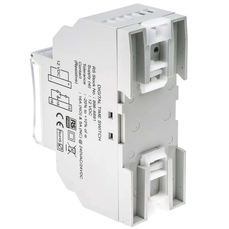 RS PRO Digital DIN Rail Time Switch 12V DC Single Channel SPDT Contact 6-Year Battery Life 896-6891