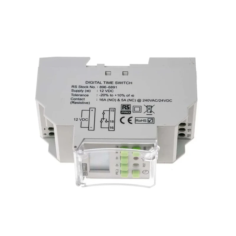 RS PRO Digital DIN Rail Time Switch 12V DC Single Channel SPDT Contact 6-Year Battery Life 896-6891