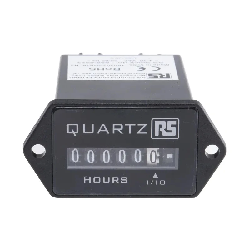 RS PRO 6 Digit Analogue Hour Meter Panel Mount 4 to 30V AC/DC ±0.02% Accuracy 896-6923