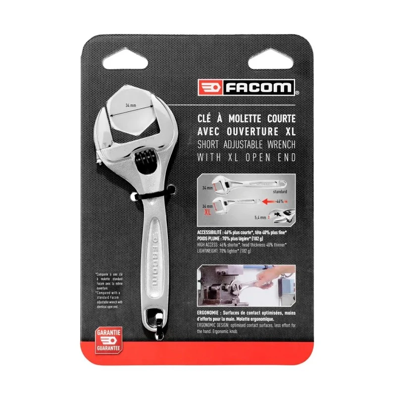 Facom Adjustable Spanner 33 mm Jaw Capacity, 160mm Overall Length, Metal Handle, Chrome Vanadium Steel 113AS.6CPB