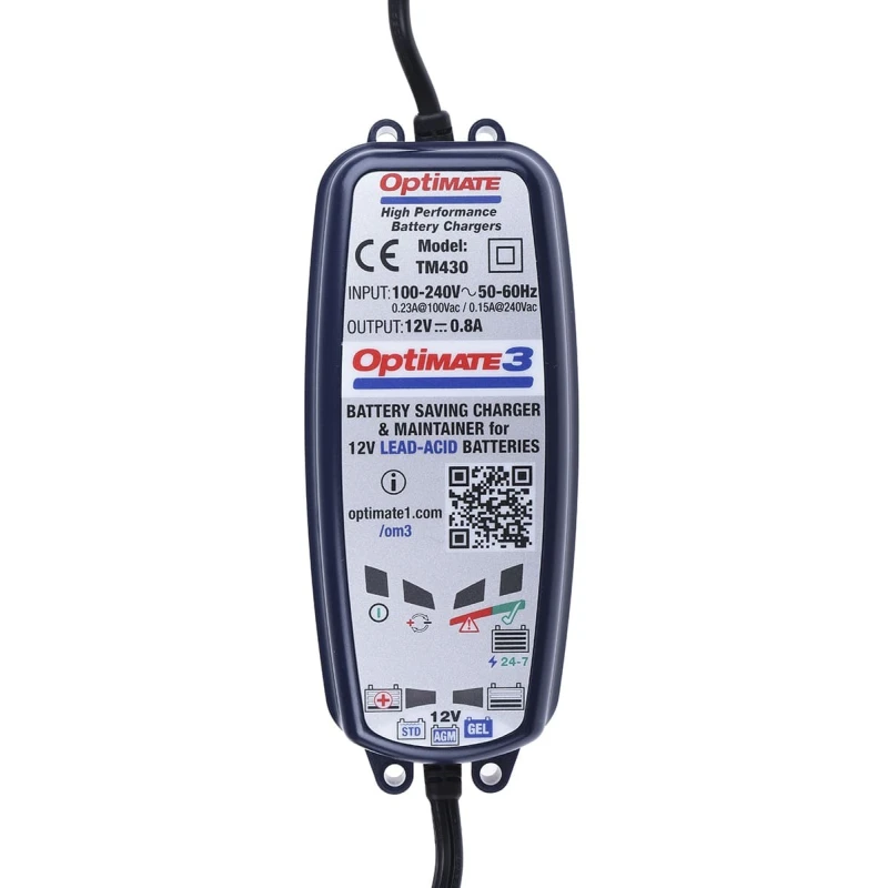 TecMate OptiMate 3 Battery Charger for 12V Lead Acid Batteries 800mA Output Current EU Plug TM430