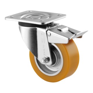 Tente Braked Swivel Castor, 300 kg Capacity, 100 mm Wheel Diameter, Polyurethane Wheel, Pressed Steel Frame, 3677ITP100P62