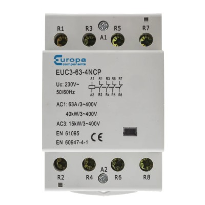 Europa 4-Pole 63 A Motor Control Contactor with 230V AC Coil, 40 kW Power Rating, 4 NC Aux Contacts EUC3-63-4NCP