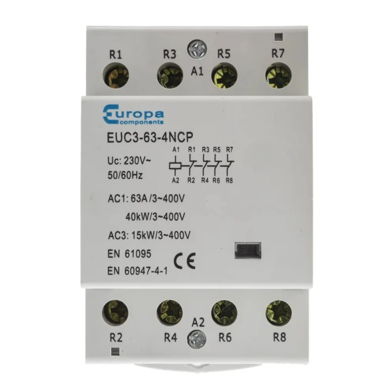 Europa 4-Pole 63 A Motor Control Contactor with 230V AC Coil, 40 kW Power Rating, 4 NC Aux Contacts EUC3-63-4NCP