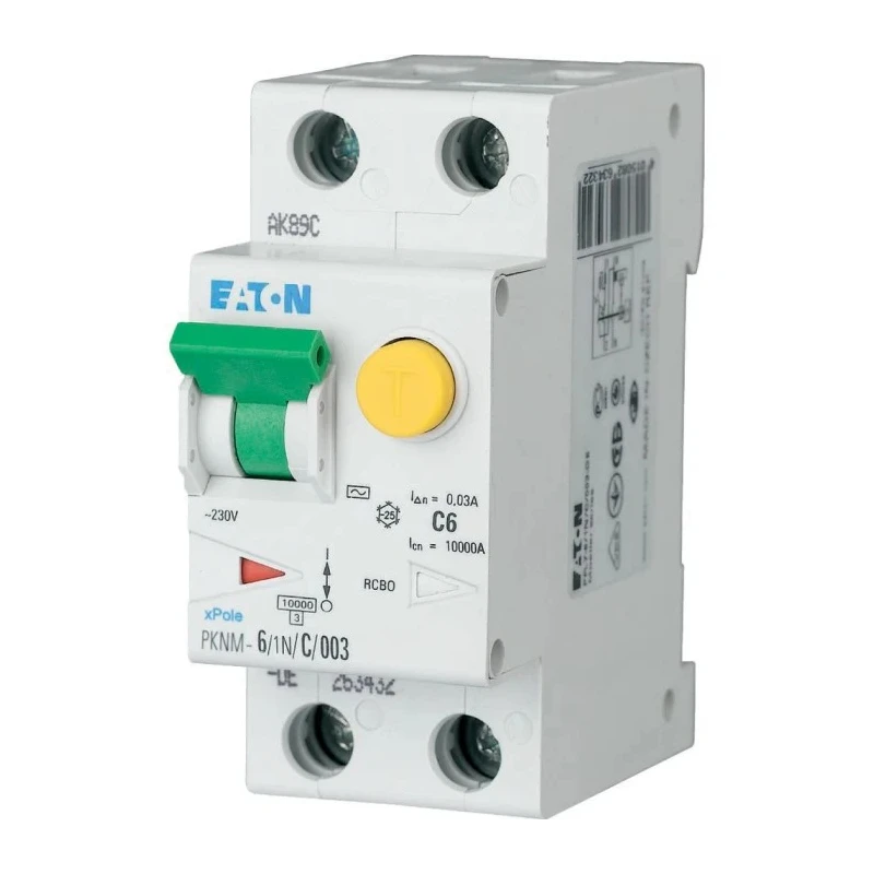 Eaton Residual Current Device PKNM Series 6A 2-Pole 30 mA Type C 10 kA 230V AC 236022 PKNM-6/1N/C/003-A-MW